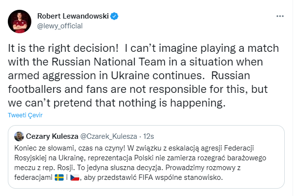 Robert Lewandowskiden, Polonyanın Rusya kararına destek