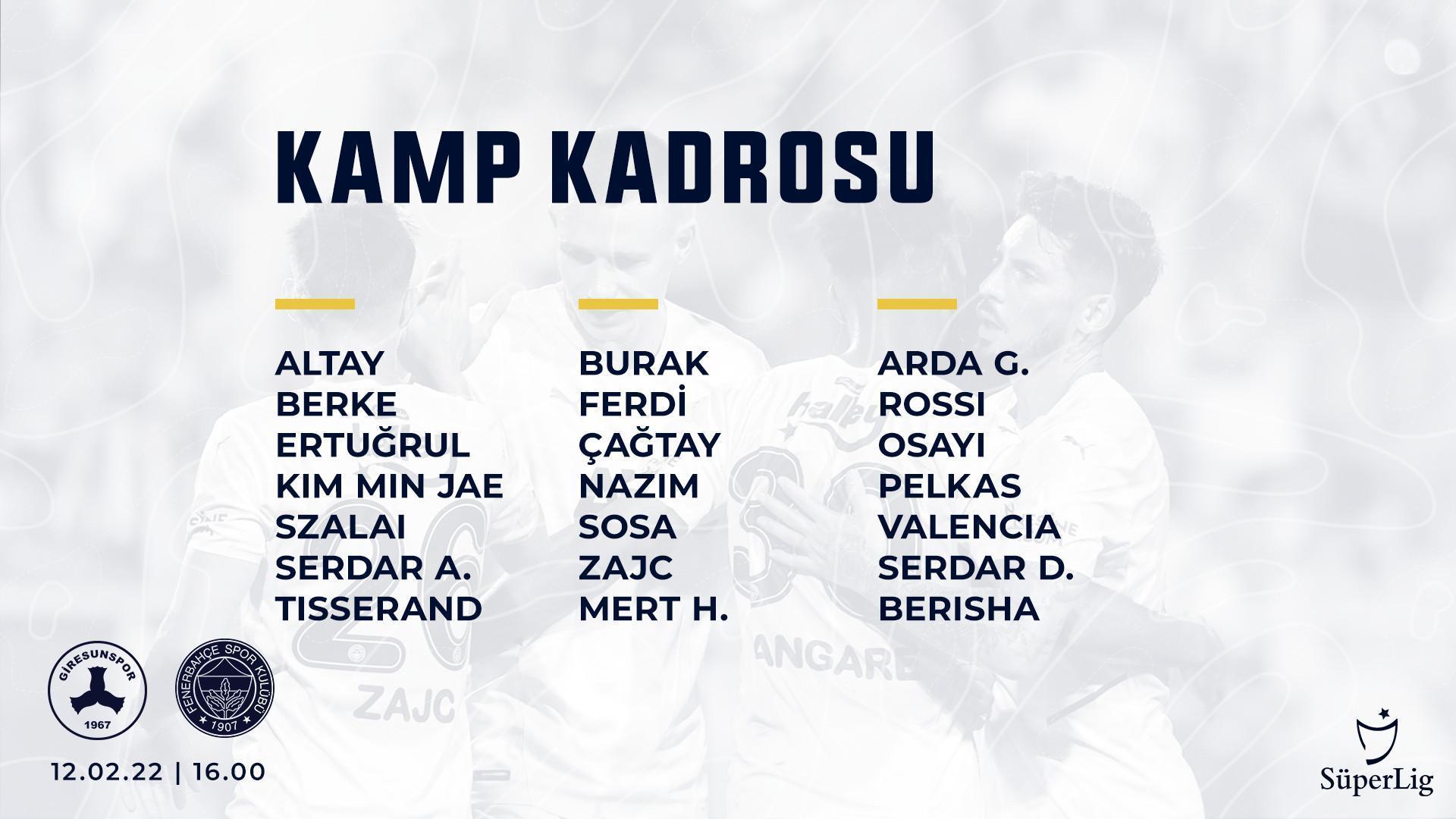 Son dakika Fenerbahçenin Giresunspor maçı kamp kadrosu belli oldu