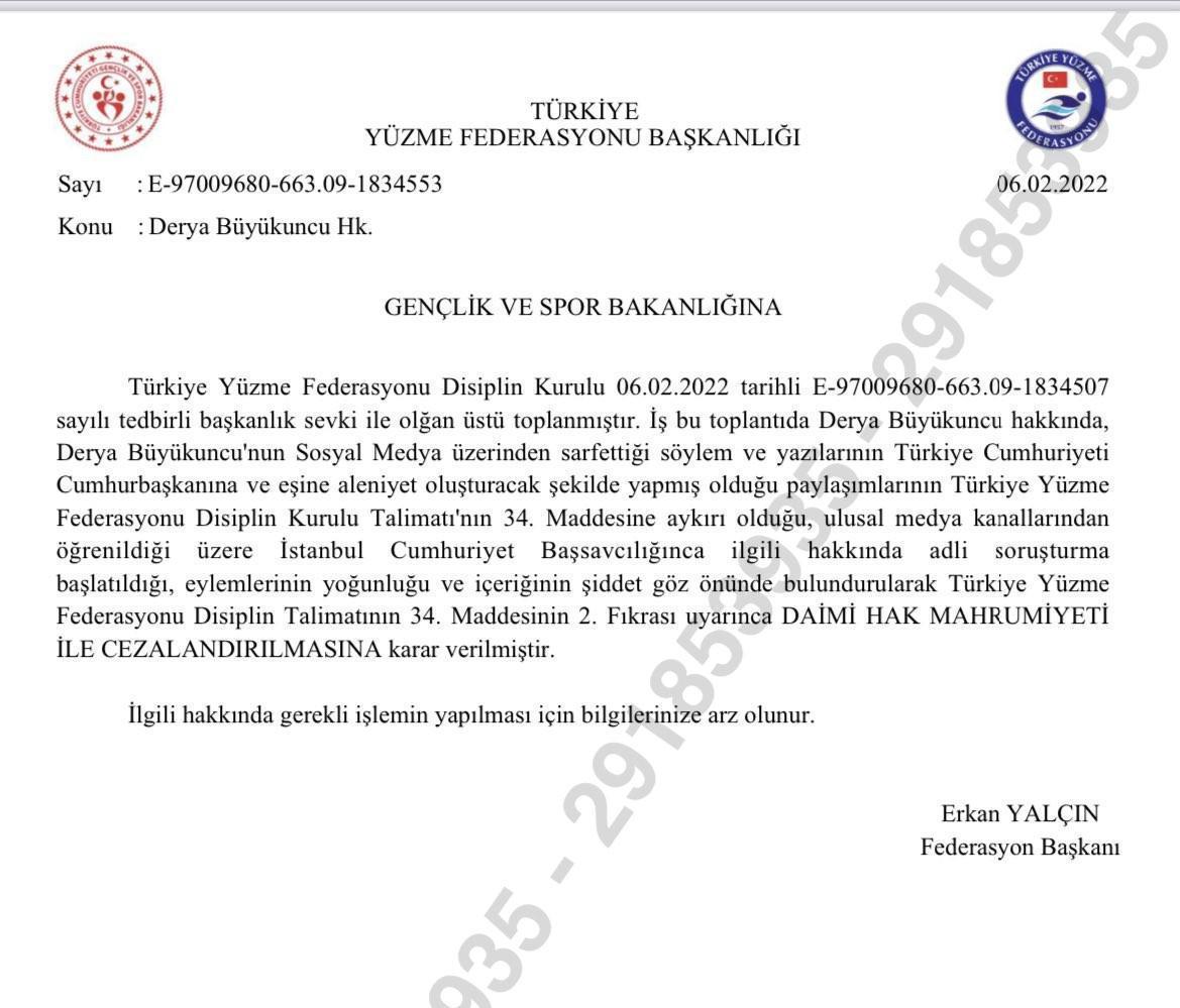Türkiye Yüzme Federasyonundan, Derya Büyükuncuya daimi hak mahrumiyeti