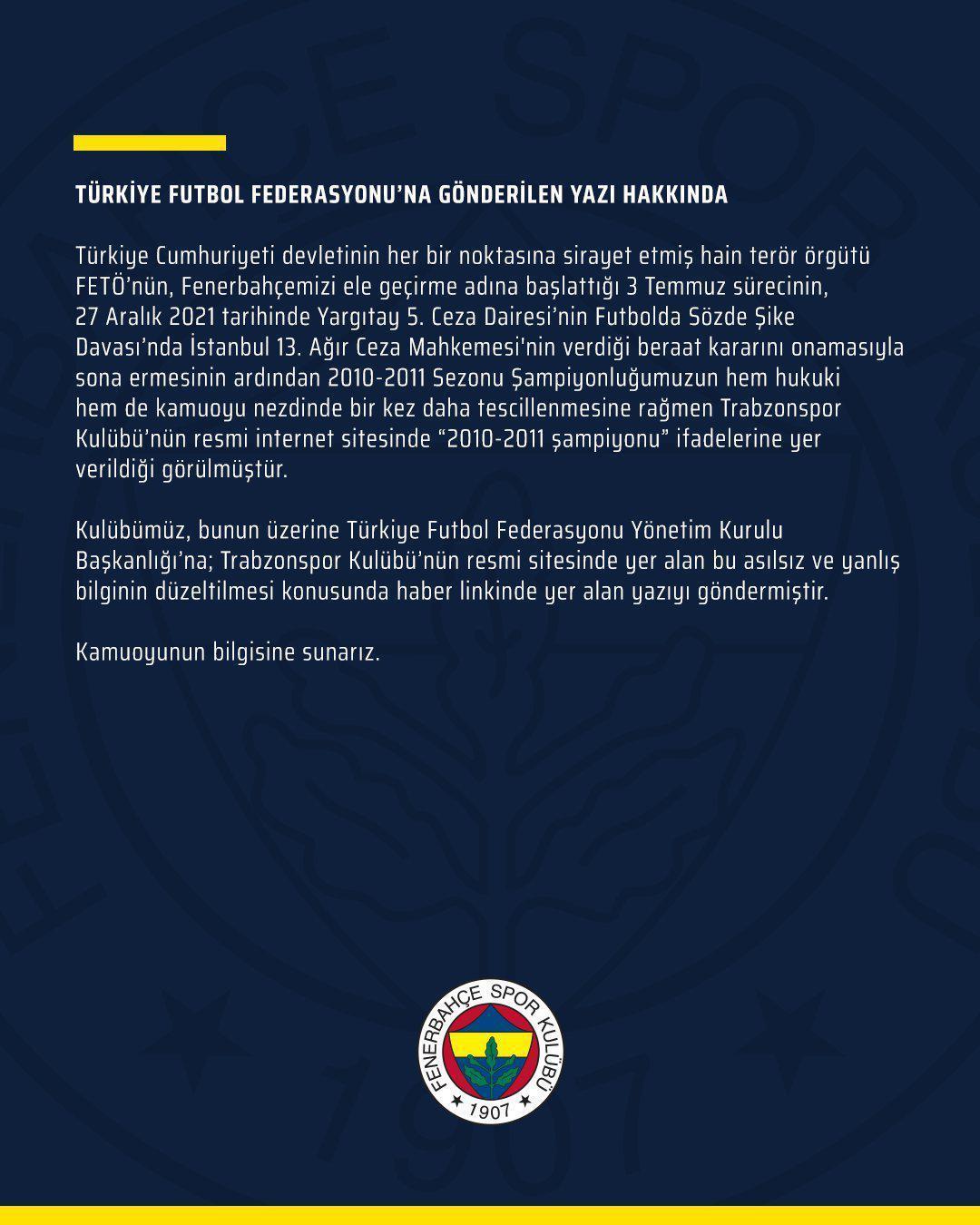 Fenerbahçeden TFFye flaş başvuru