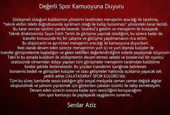 Serdar Azizden transfer açıklaması: Tek yetkili adres Galatasaray Spor Kulübüdür