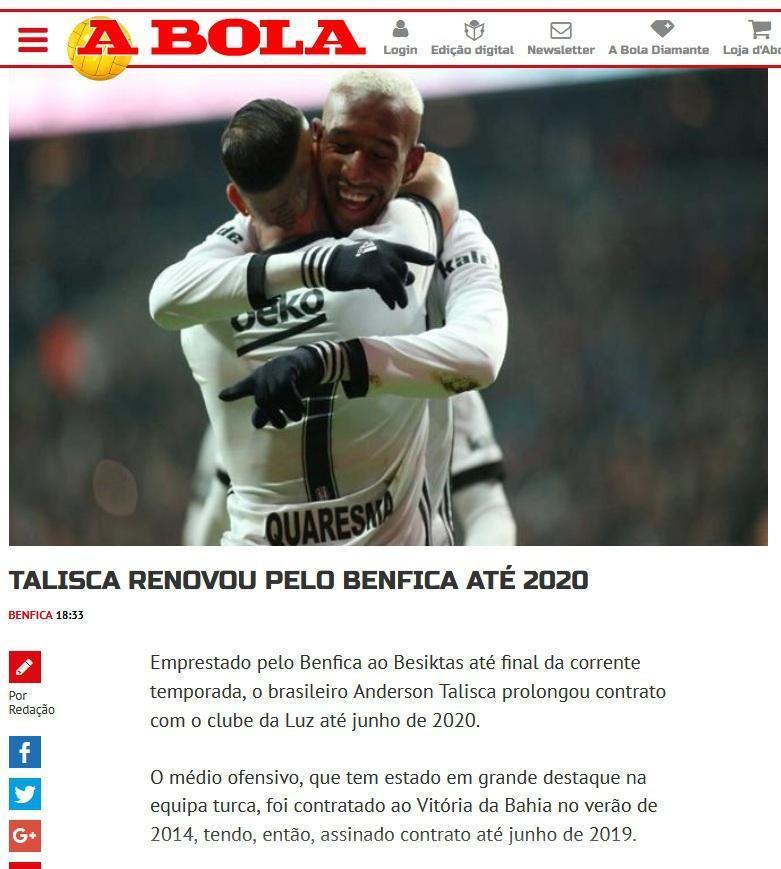 Benfica, Taliscanın sözleşmesini uzattı