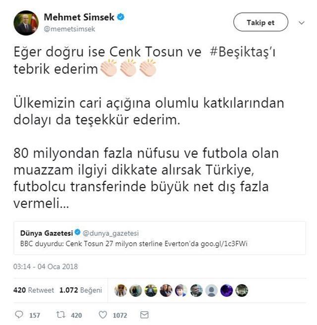 Mehmet Şimşek Cenk Tosun transferi hakkında konuştu