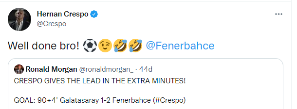 Hernan Crespodan, Fenerbahçeli Miguel Crespoya tebrik mesajı