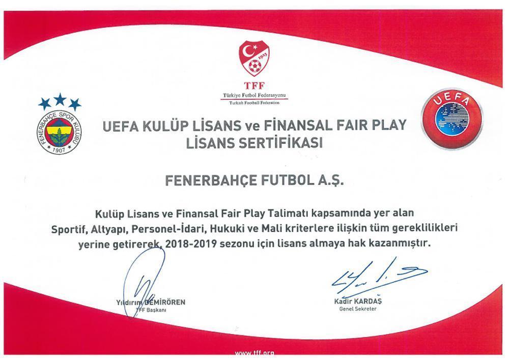 Fenerbahçe UEFA Kulüp Lisans ve Finansal Fair Play Lisans Sertifikası aldı