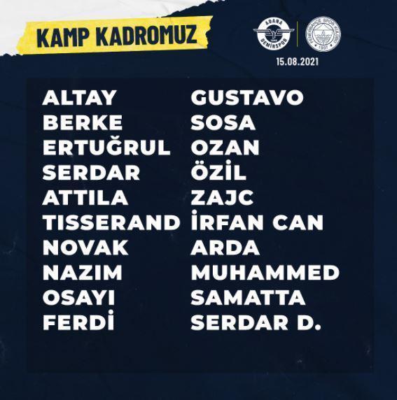 Fenerbahçenin Adana Demirspor maçı kamp kadrosu belli oldu