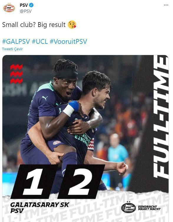 Son dakika haberi: PSVden Galatasaray maçı sonrası olay tweet: Küçük kulüp Büyük sonuç