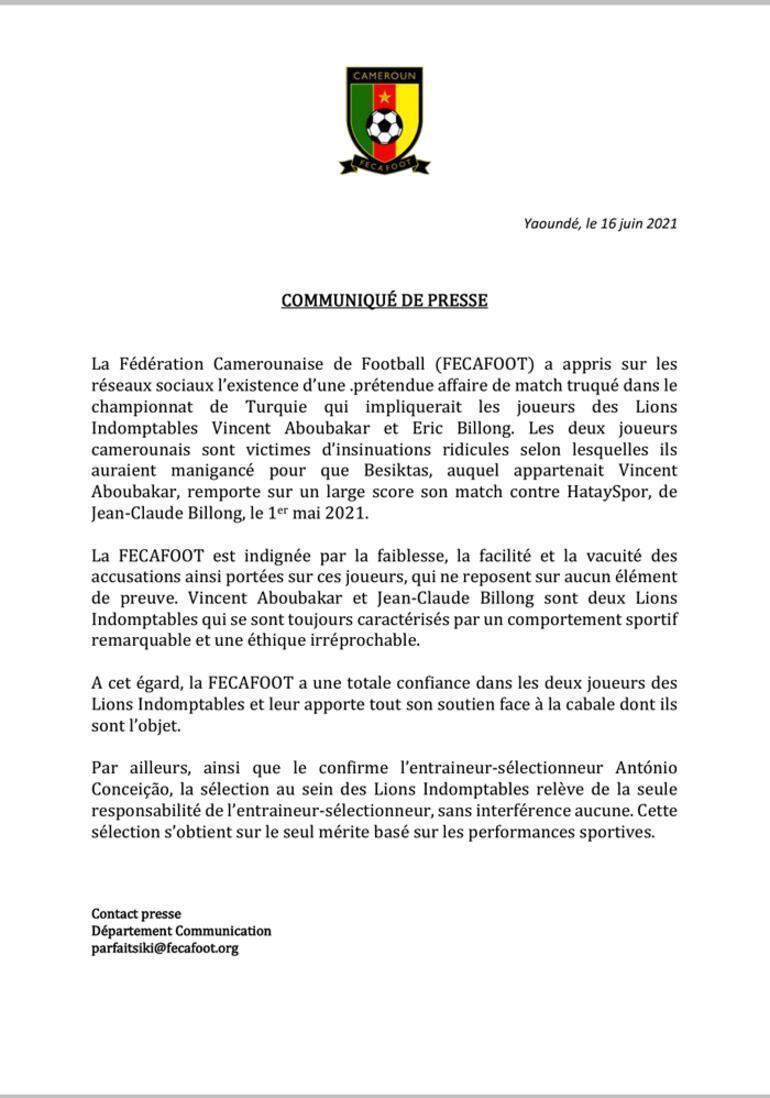 Son dakika Kamerun Futbol Federasyonundan Aboubakar ve Billong açıklaması