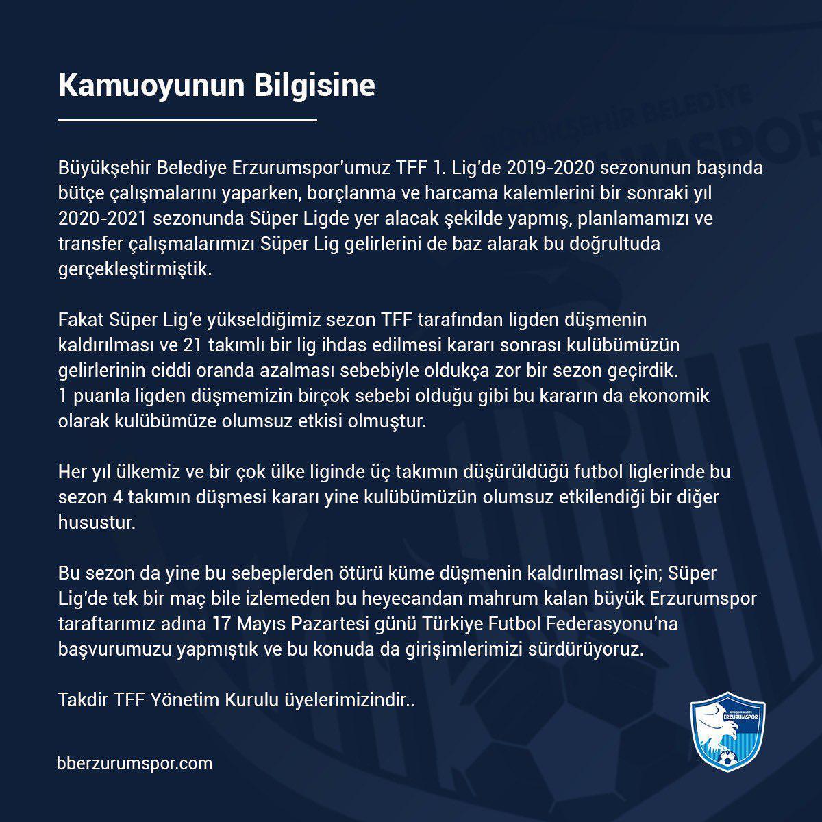 Son dakika haberi: Erzurumspordan TFFye başvuru: Küme düşme kaldırılsın