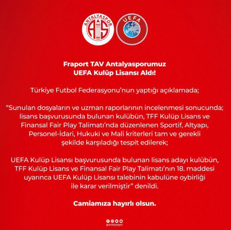 Antalyaspor UEFA Kulüp lisansı aldı
