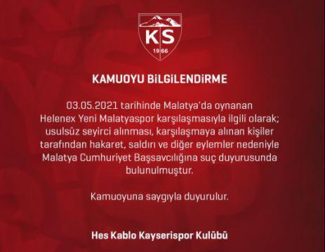 Kayserispordan Yeni Malatyaspor maçı açıklaması