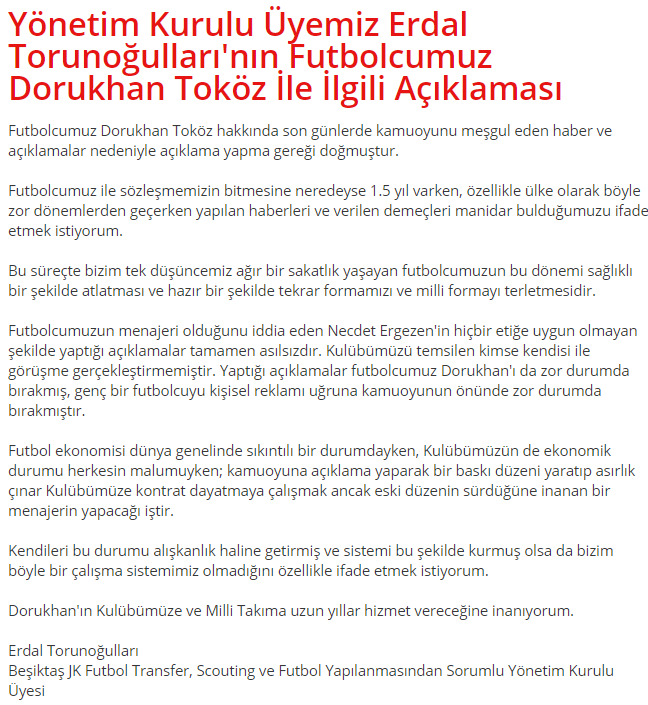 Beşiktaştan Dorukhan Toköz açıklaması