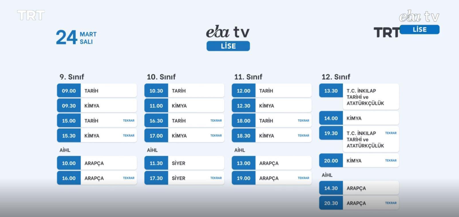 EBA lise ders programı TRT EBA lise tv canlı izle