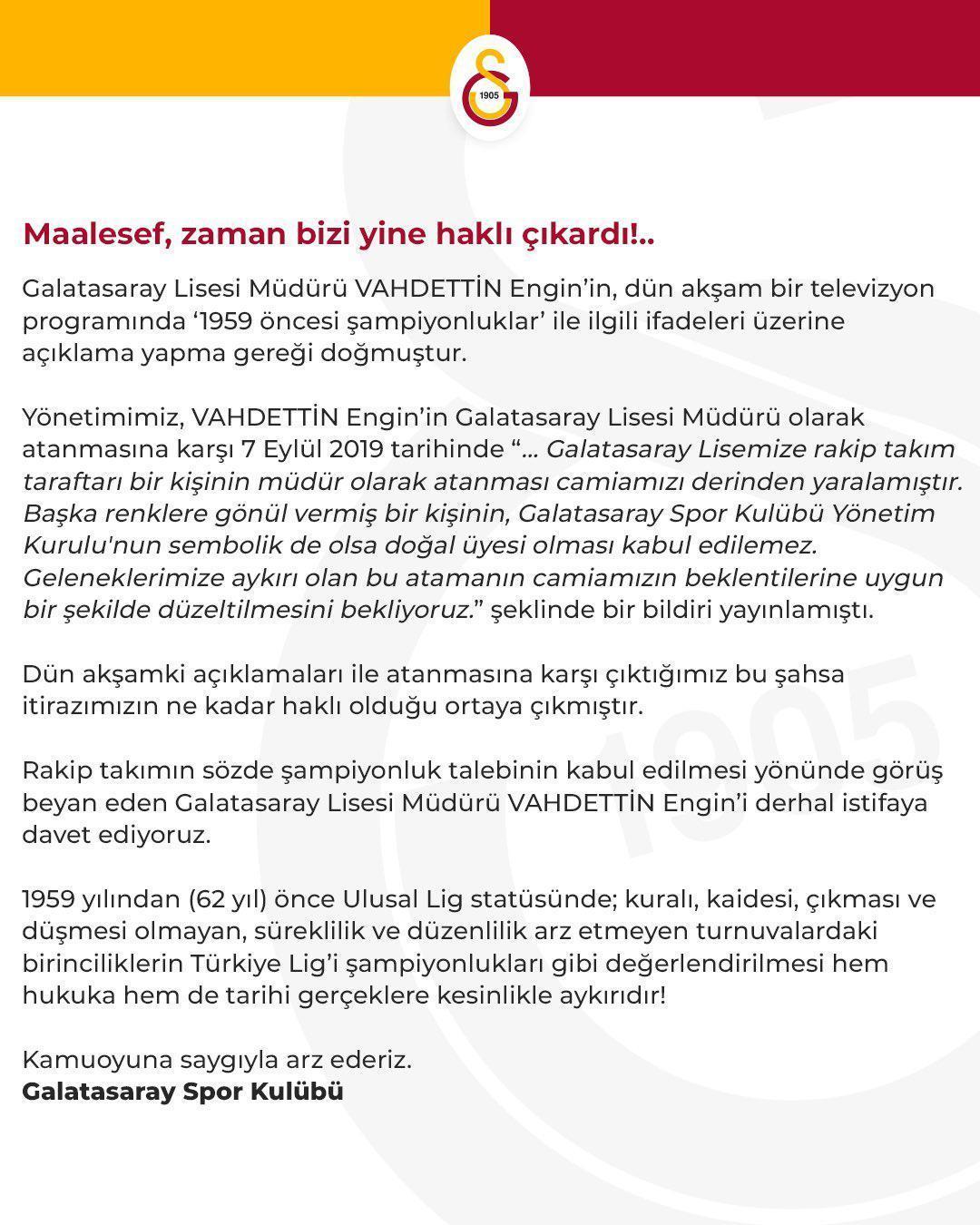 Galatasarayda son dakika Vahdettin Engine istifa çağrısı