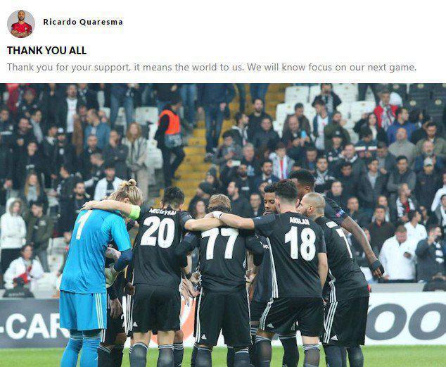 Beşiktaş taraftarlarının yuhaladığı Ricardo Quaresmadan teşekkür mesajı
