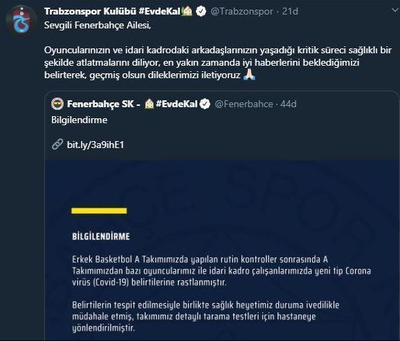 Trabzonspordan Fenerbahçeye geçmiş olsun mesajı