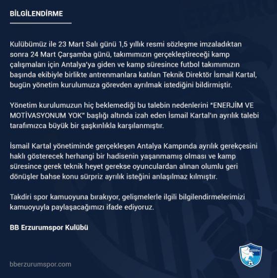 BB Erzurumspordan İsmail Kartal açıklaması Anlaşılmaz...