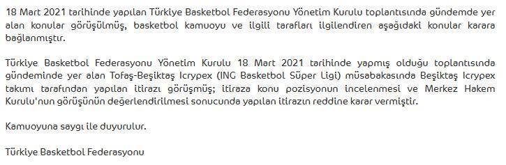 TBF, Beşiktaş Icrypexin itirazını reddetti