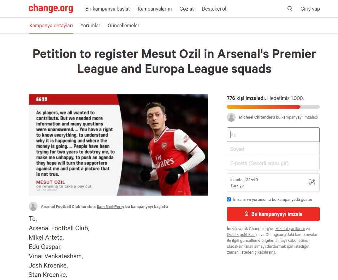 Mesut Özil için imza kampanyası başlatıldı