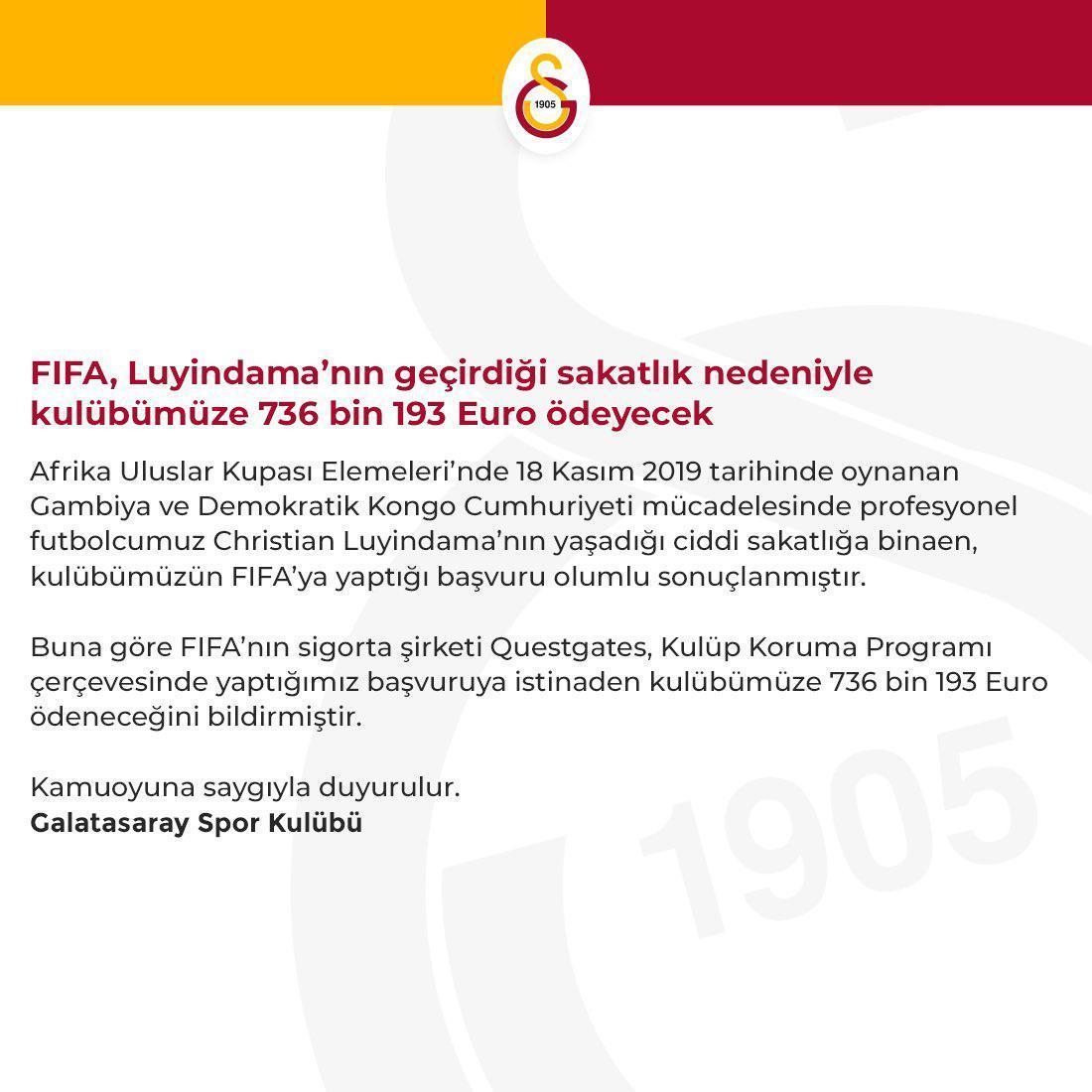 FIFAdan Galatasaraya Luyindama ödemesi