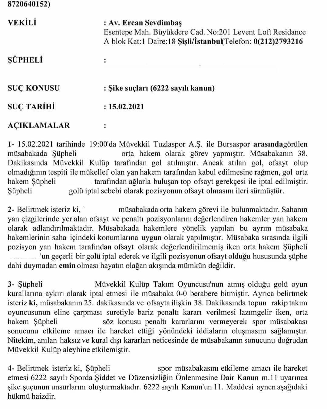 Son dakika: Tuzlaspordan Bursaspor maçıyla ilgili şike başvurusu
