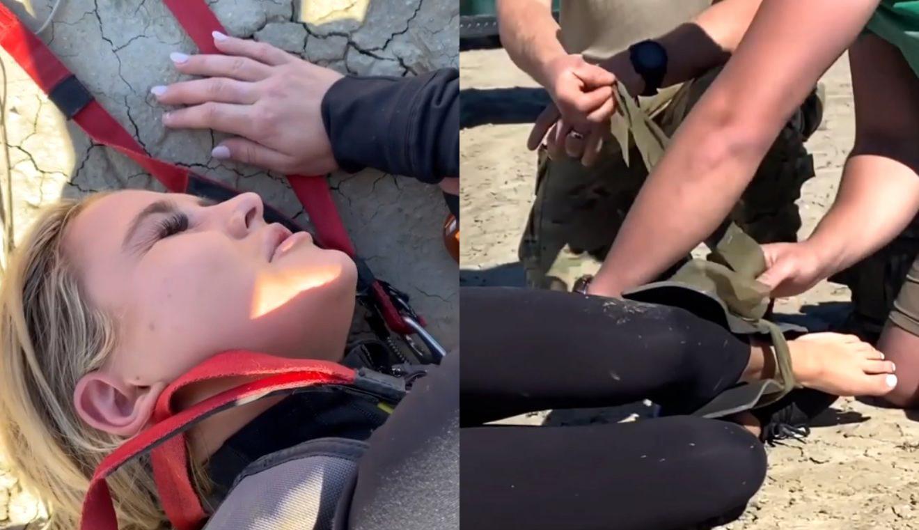 Sahaya mayoyla atlayan Kinsey Wolanski, paraşütle atlarken ayak bileğini kırdı