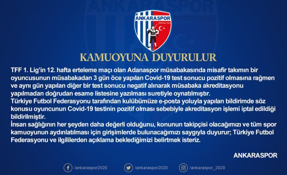 Ankaraspordan flaş iddia Testi pozitif oyuncu oynadı