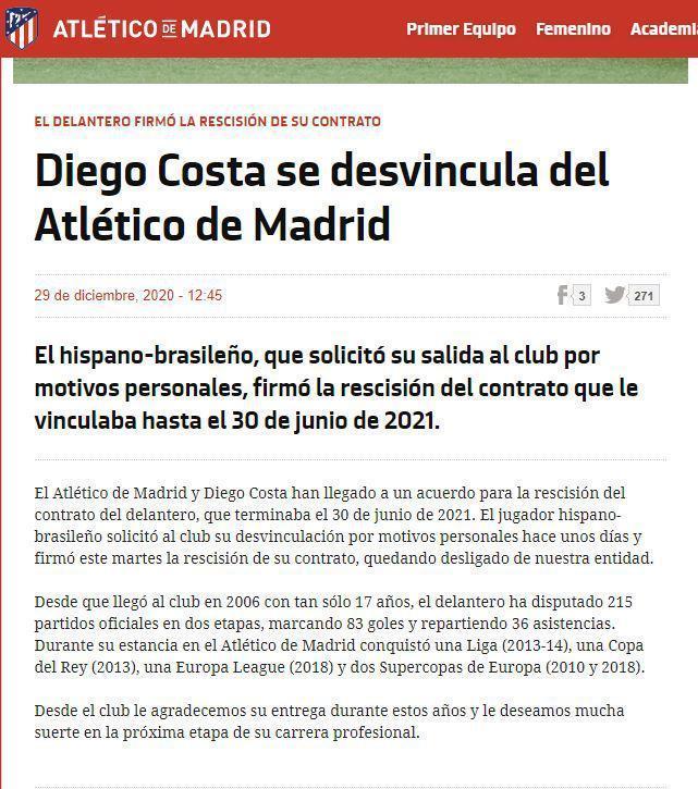 SON DAKİKA Adı Galatasarayla anılan Diego Costanın sözleşmesi feshedildi
