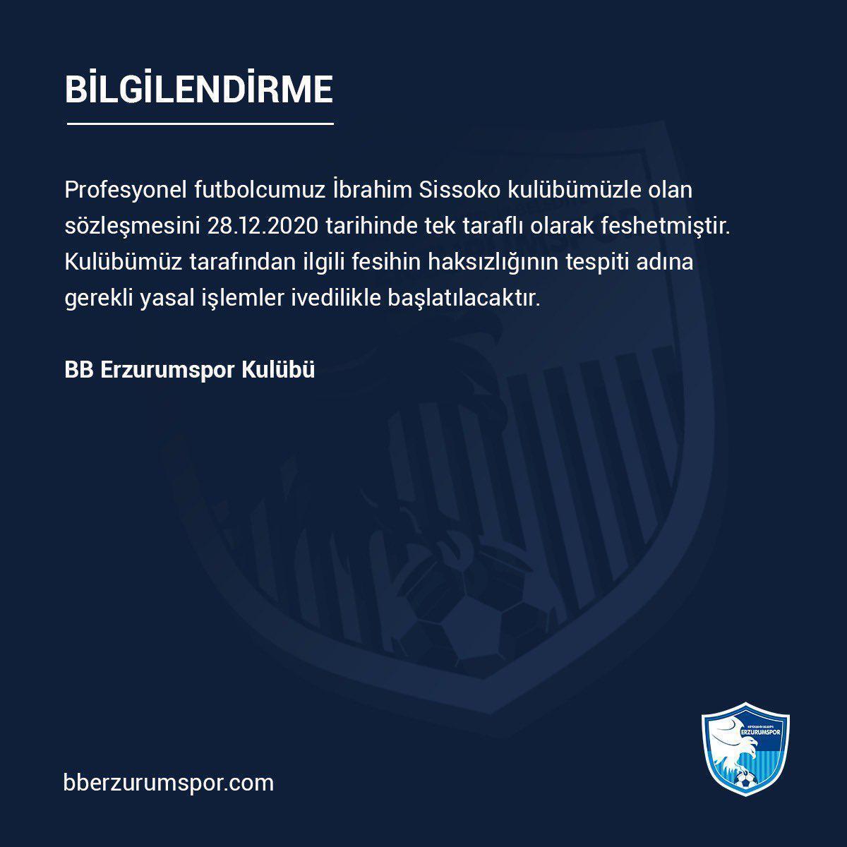 SON DAKİKA | Erzurumspor, Sissokonun takımdan ayrıldığını açıkladı
