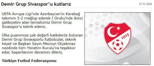 TFF Sivasspor Karabağ galibiyeti için tebrik etti