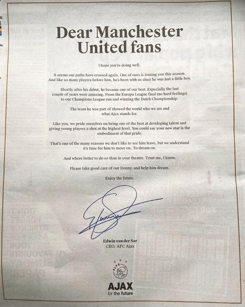 Edwin van der Sardan Manchester United taraftarlarına mektup