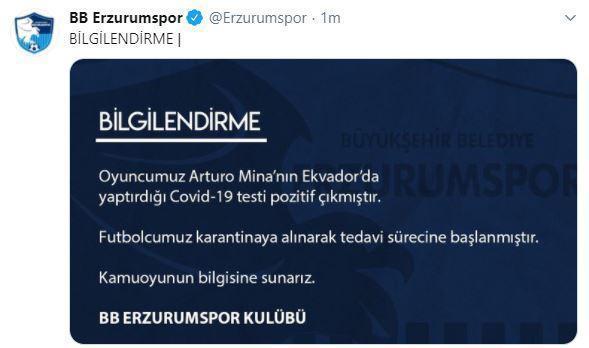 BB Erzurumsporun yeni transferi Minanın testi pozitif