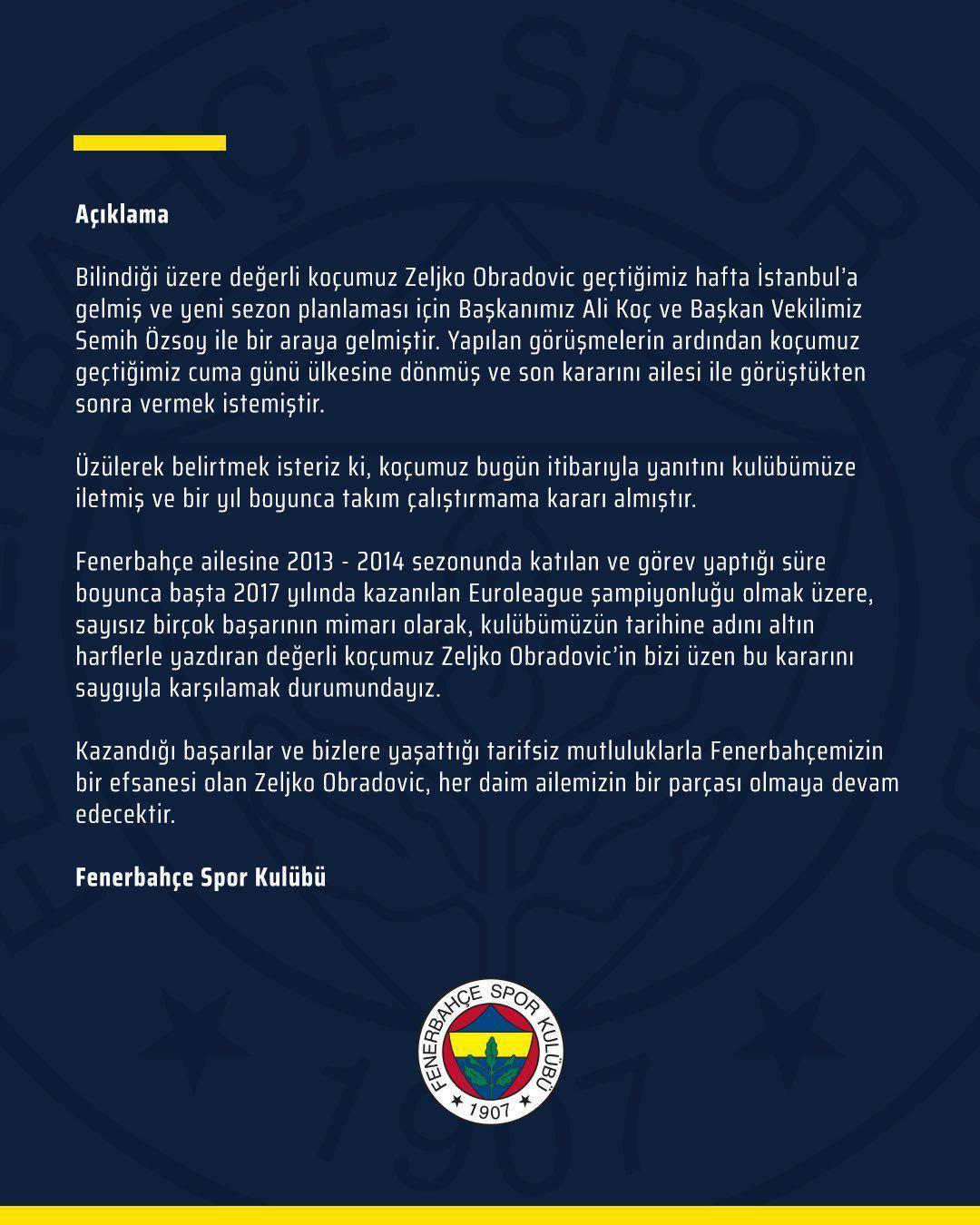 Fenerbahçede son dakika Obradovic dönemi resmen bitti