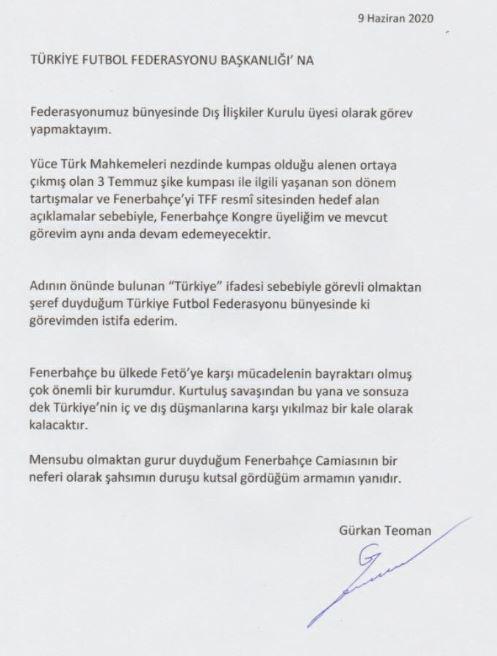 TFFde Fenerbahçe depremi Gürkan Teoman istifa etti