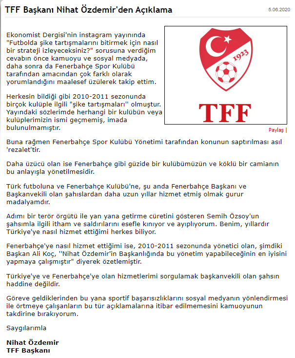 SON DAKİKA Nihat Özdemirden Fenerbahçeye yanıt