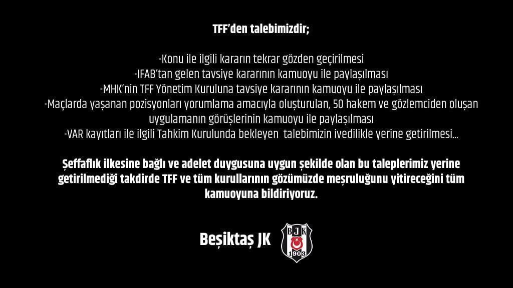Son dakika: Beşiktaş, TFFden taleplerini paylaştı
