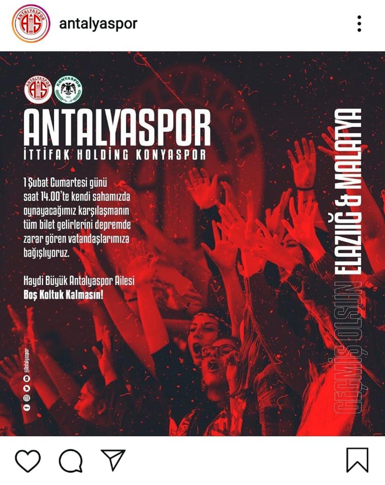 Antalyasporun Konyaspor maçı bilet geliri depremzedelere