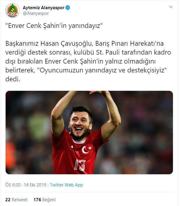 Süper Lig kulüplerinden Enver Cenk Şahine destek mesajı