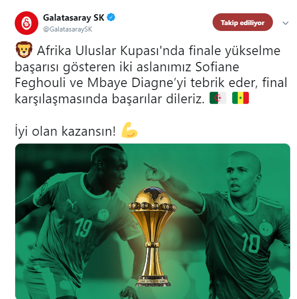 Galatasaraydan Feghouli ve Diagneye tebrik