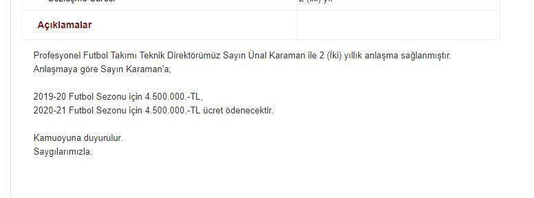 Trabzonspor KAPa bildirdi İşte Ünal Karamanın alacağı ücret