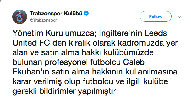 Trabzonspor Ekubanın bonservisini alıyor