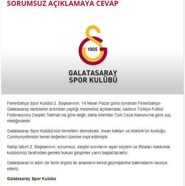 Galatasaraydan Fenerbahçe 2. Başkanı Semih Özsoya sert yanıt