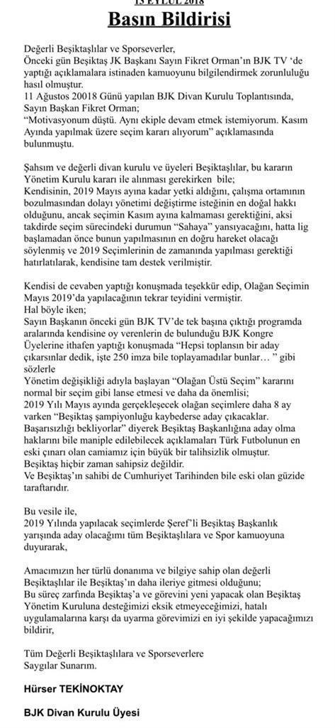Beşiktaşta sürpriz başkan adayı Hürser Tekinoktay, Fikret Ormana rakip oluyor