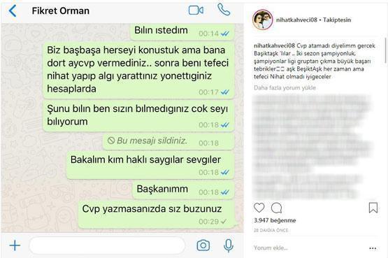 Nihat Kahveci, Fikret Ormana gönderdiği WhatsApp mesajını paylaştı
