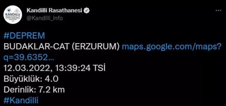 Erzurumda 3.9 büyüklüğünde deprem