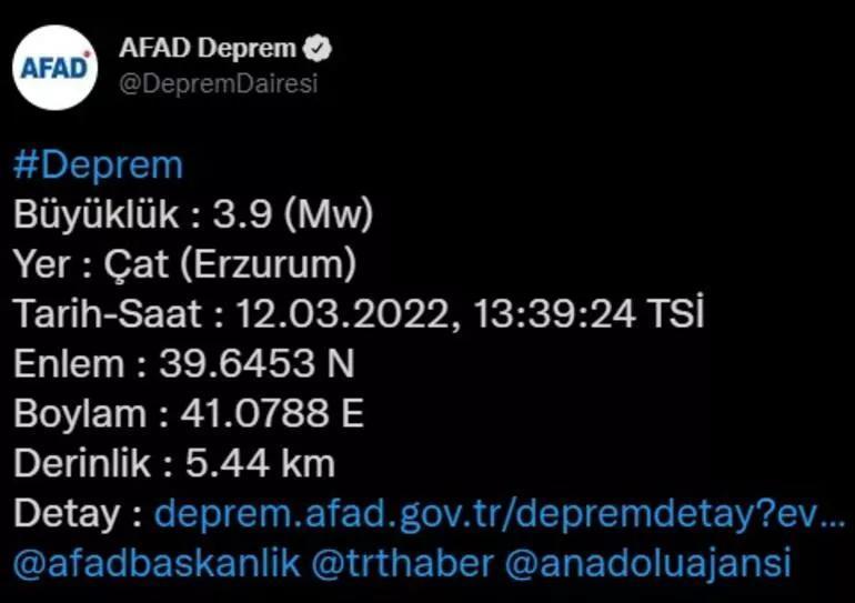 Erzurumda 3.9 büyüklüğünde deprem