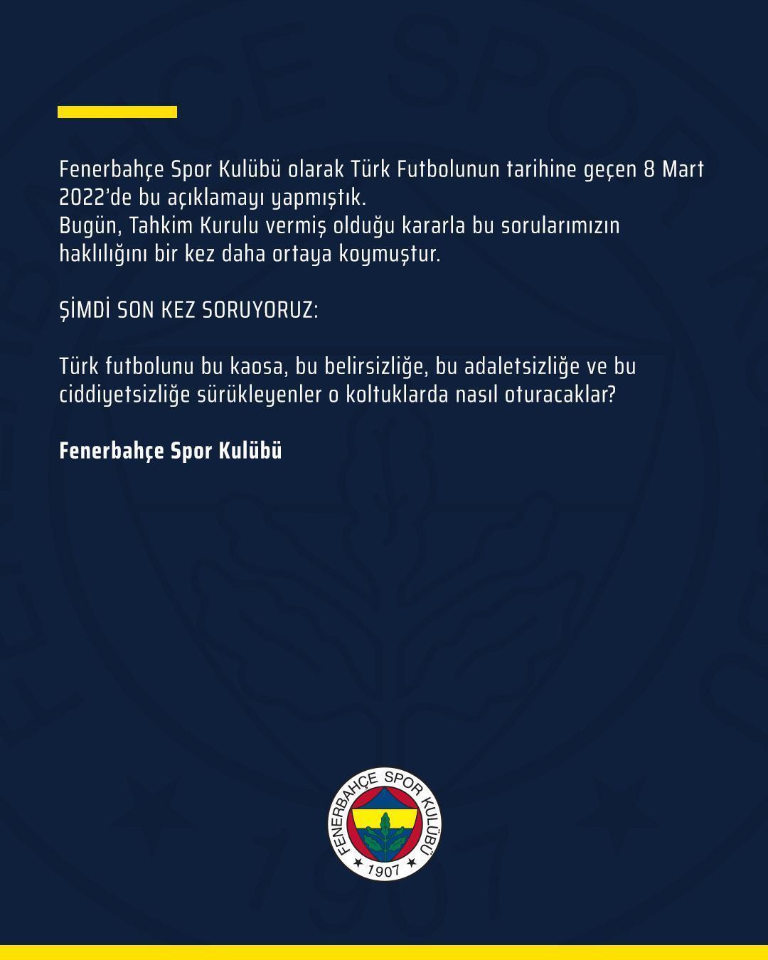 Tahkim Kurulunun kararı sonrasında Fenerbahçeden sert açıklama: TFF ve MHK...