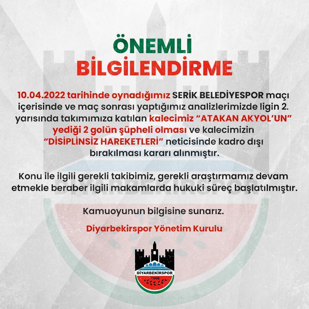 Diyarbekirspor: Kalecimiz Atakan Akyolun yediği goller şüpheli