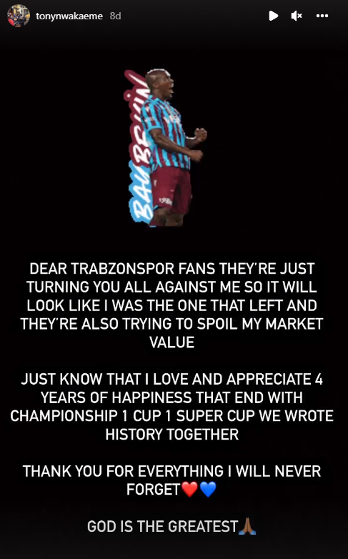 Son dakika Anthony Nwakaeme, Trabzonspordan ayrıldığını açıkladı