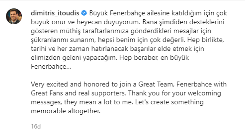 Dimitris Itoudisten Fenerbahçe paylaşımı